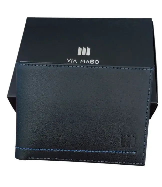 Carteira VIA MASO em Couro Preto/Azul
